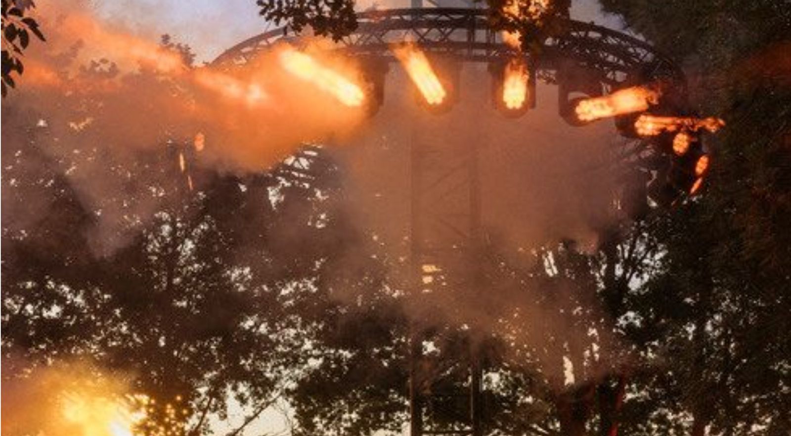 Stage lights glowing through trees at a festival